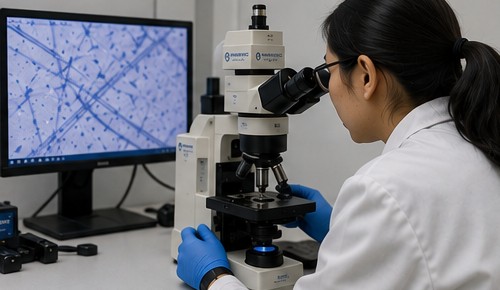 OmniSense occupational hygienist analysing asbestos fibres under phase-contrast microscopy in a NATA-accredited laboratory.